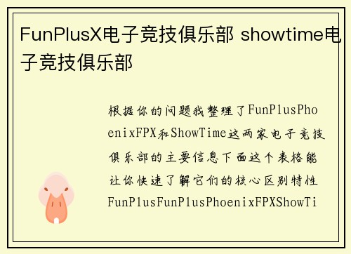 FunPlusX电子竞技俱乐部 showtime电子竞技俱乐部